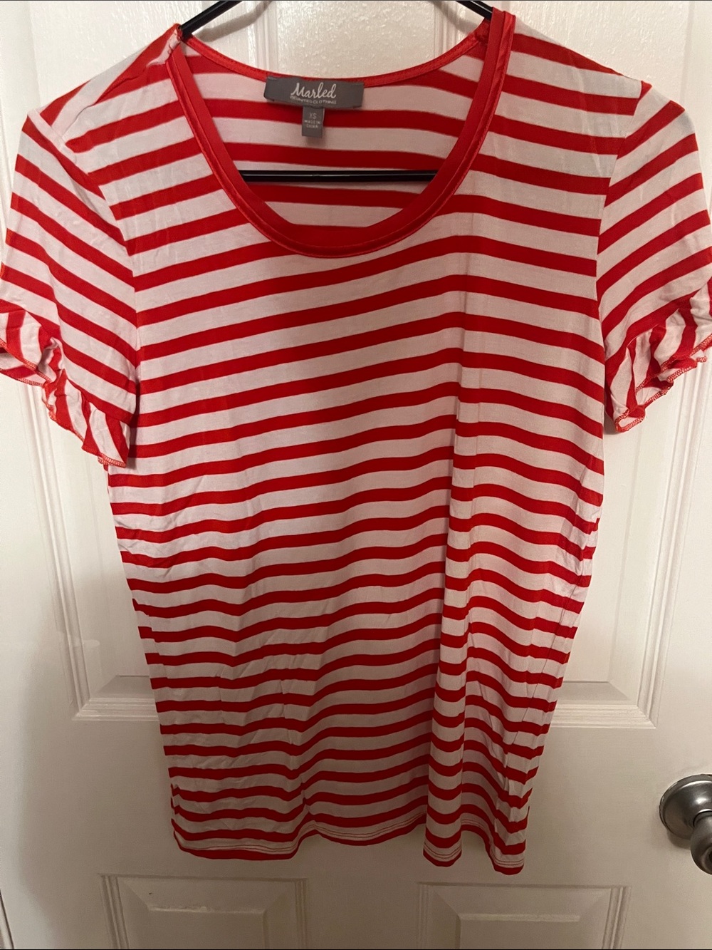 Marled Red & White Striped Ruffle Sleeve Tee